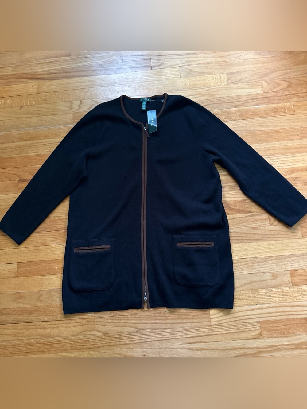 Lauren Ralph‎ Lauren long black zip sweater w/brown trim, size 3X